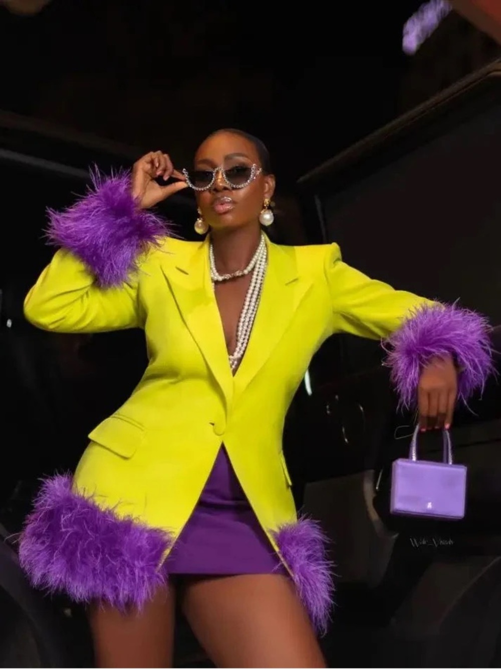 Yellow Blazer with Purple Feather Trim - Women's Statement Coat